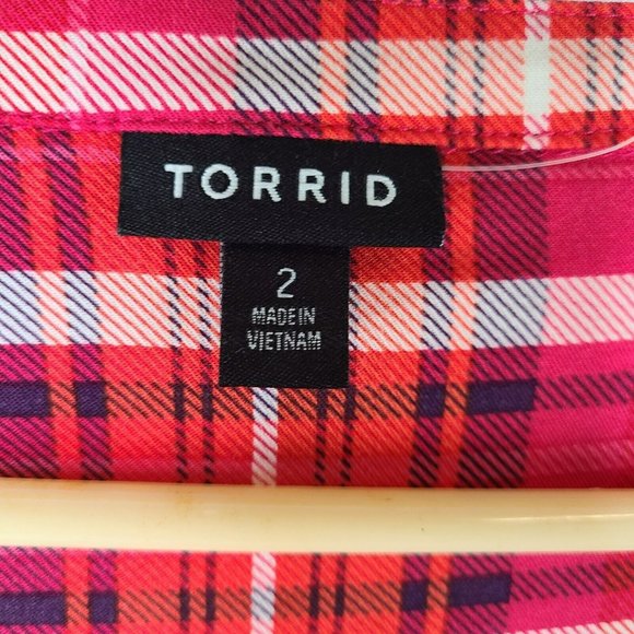 NWOT TORRID Size 2 (2X) Pink Red Plaid Mini Challis Zip Front Shirt Dress - Picture 6 of 9